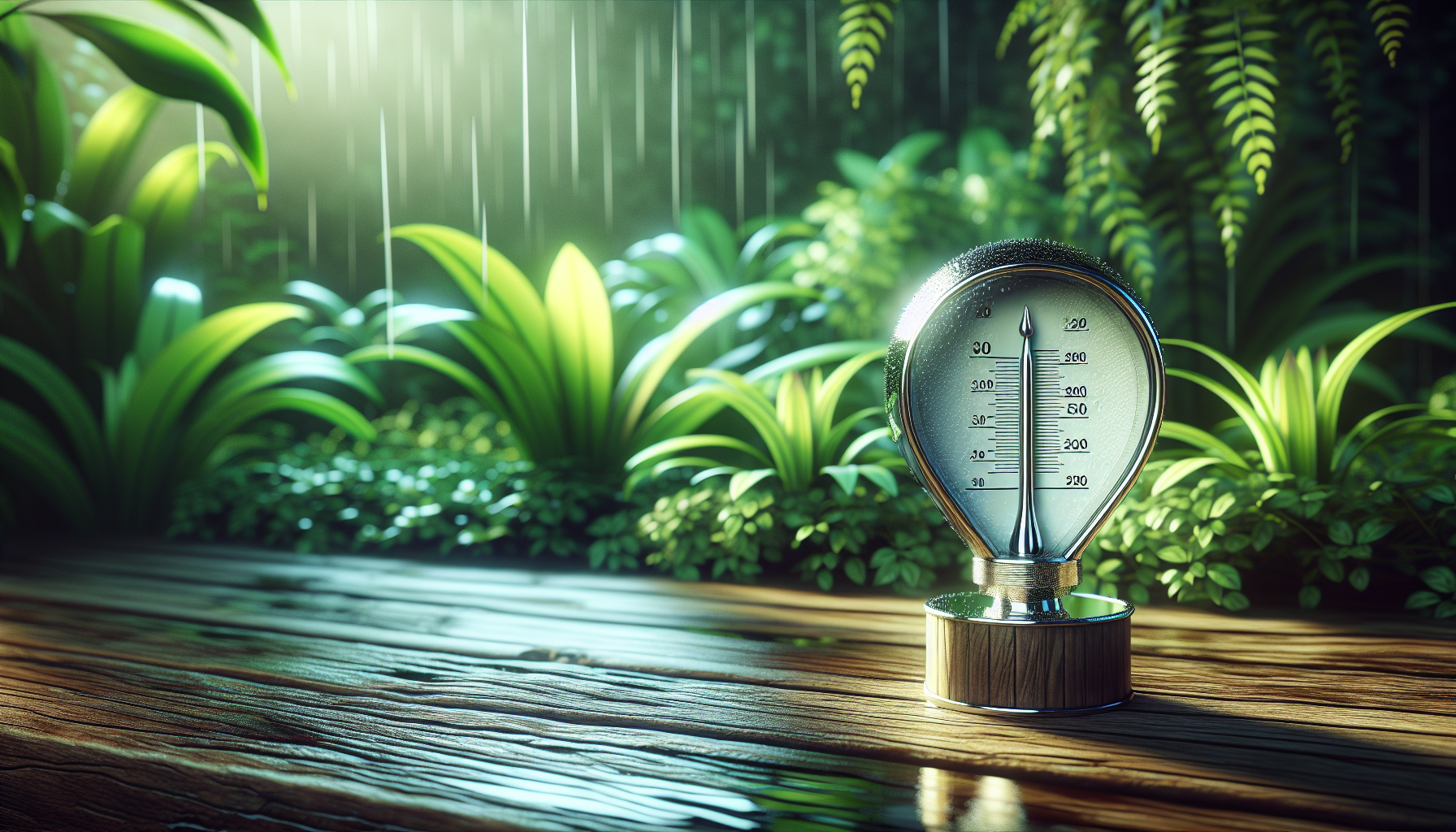 Rain gauge measuring rainfall in a garden setting