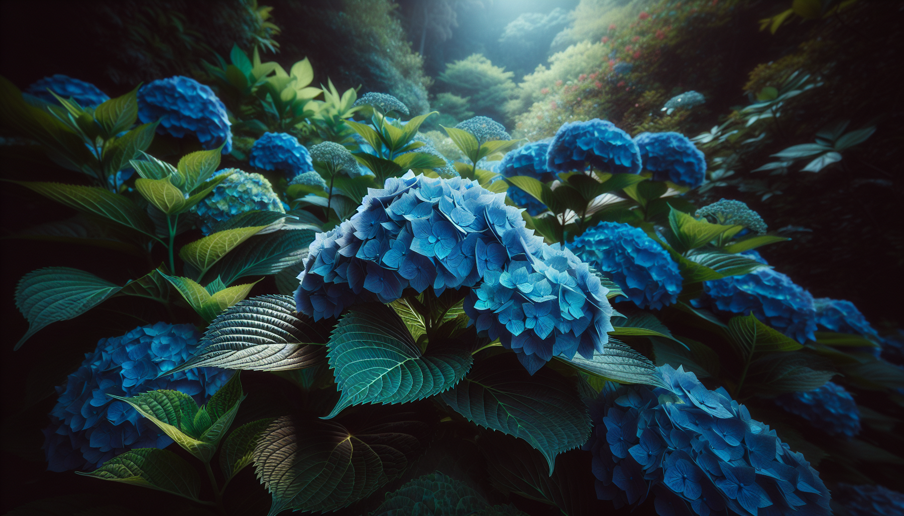 Bigleaf hydrangeas in a vibrant garden setting