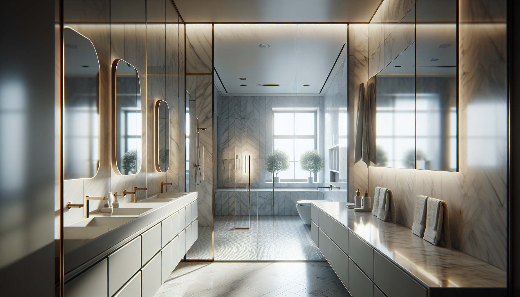 Spacious windowless bathroom with bright decor