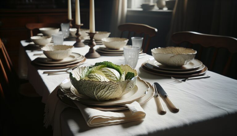 Colorful cabbageware dishes set on a dining table