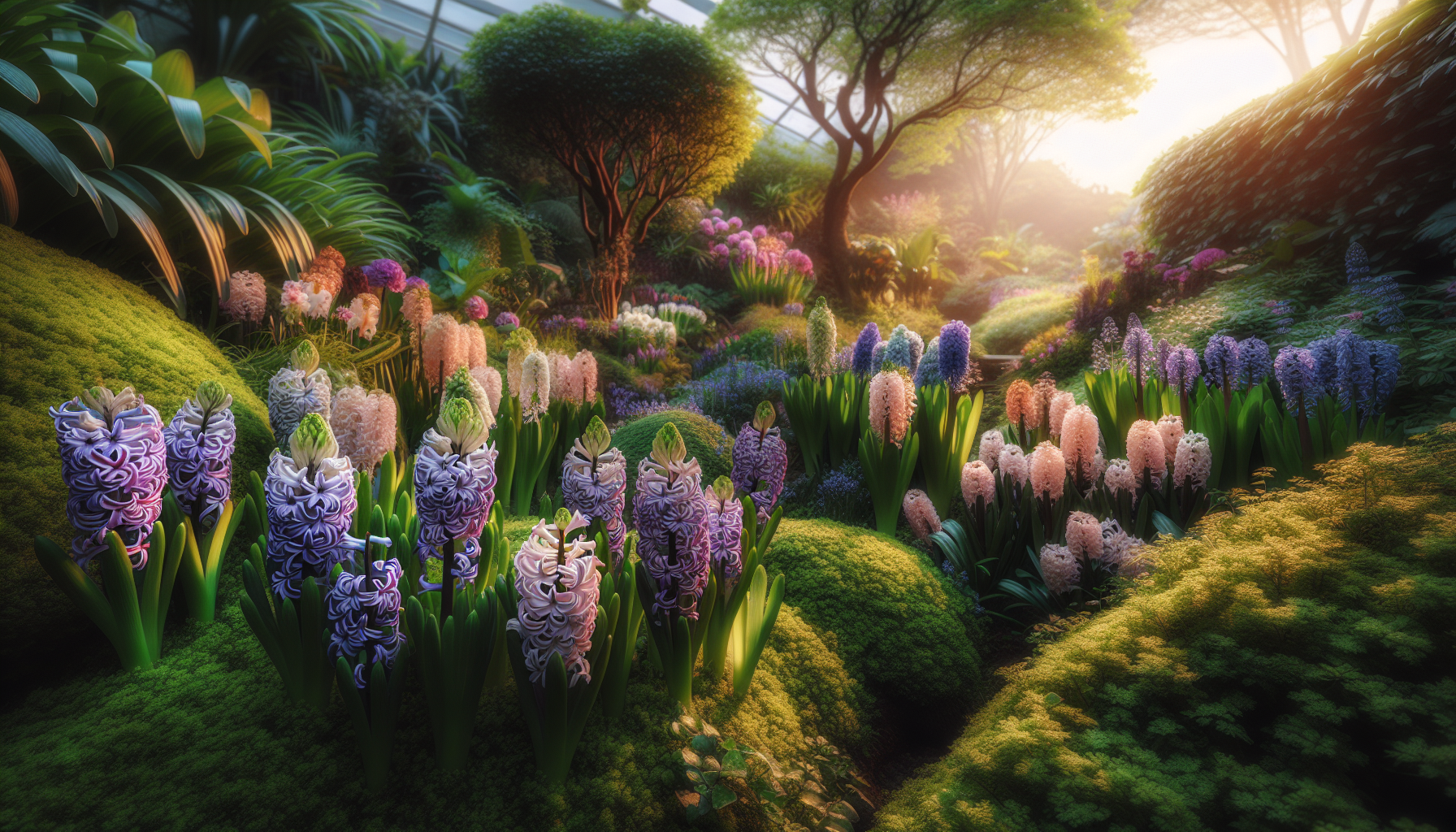 Colorful hyacinths in full bloom in a garden