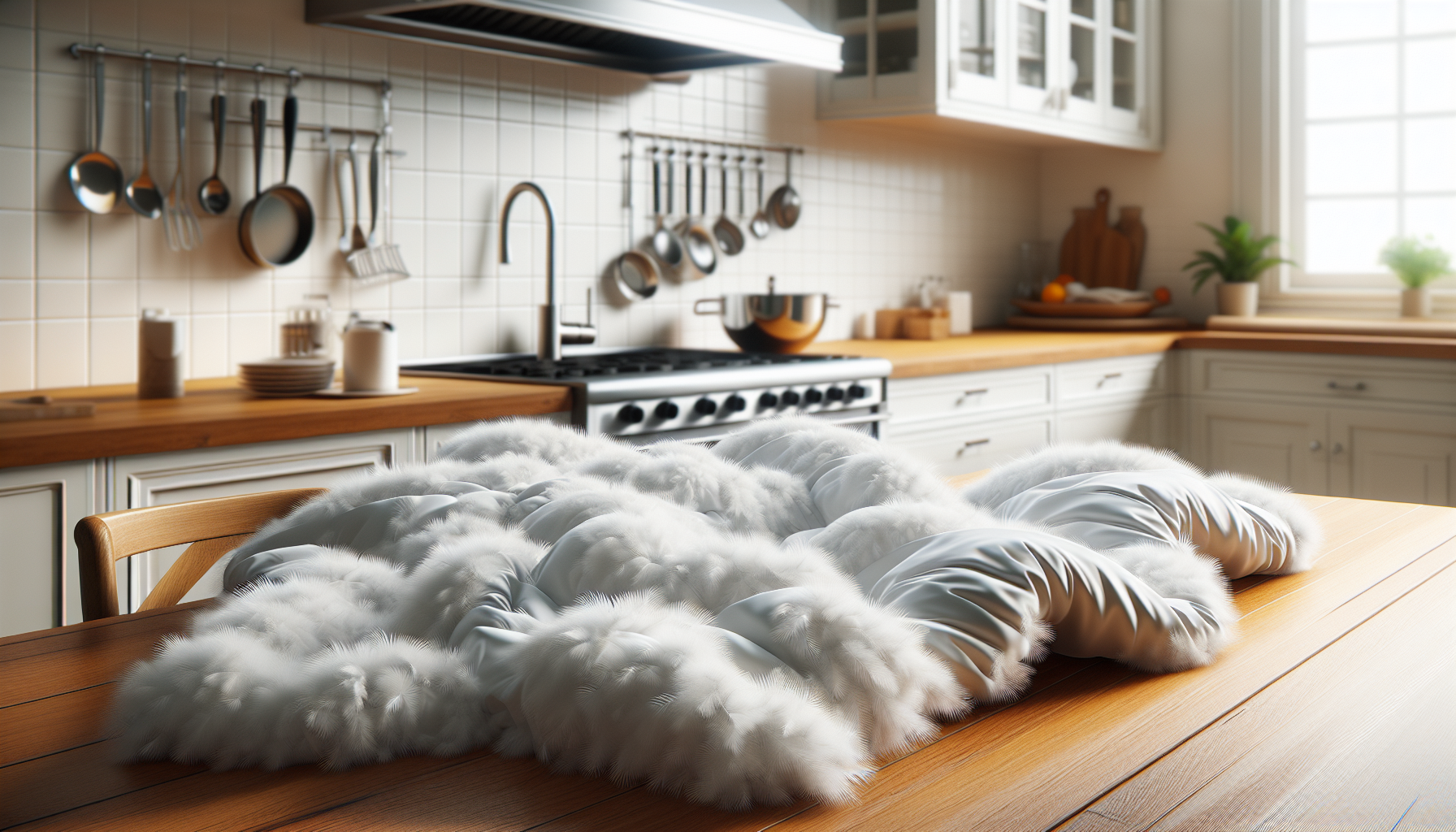 Person fluffing a down comforter on a bed