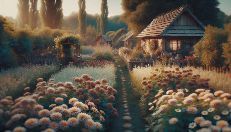 Beautiful vintage cottage garden with colorful flowers