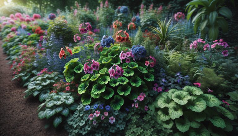Colorful annual geraniums with companion plants