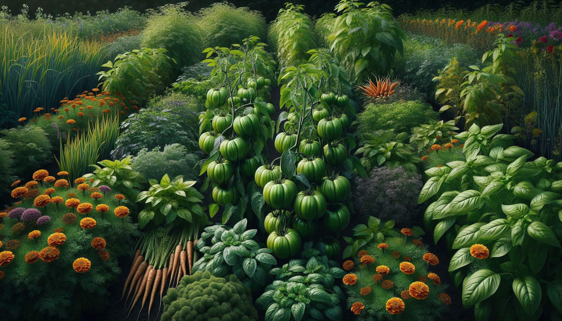Colorful companion plants for tomatillos growing together