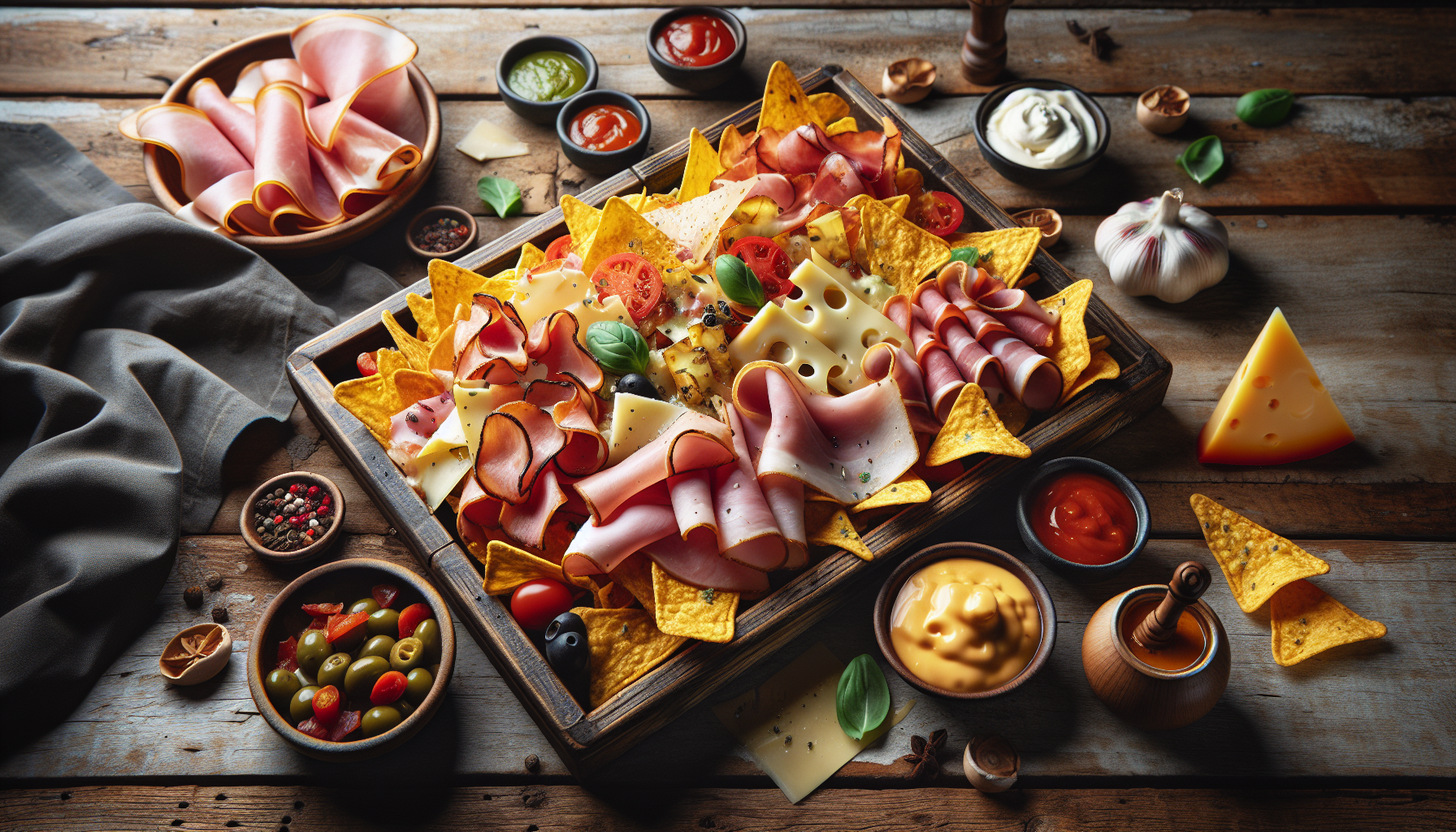A plate of charcuterie nachos topped with meats and cheese