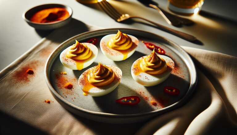 A plate of delicious deviled eggs with unique toppings