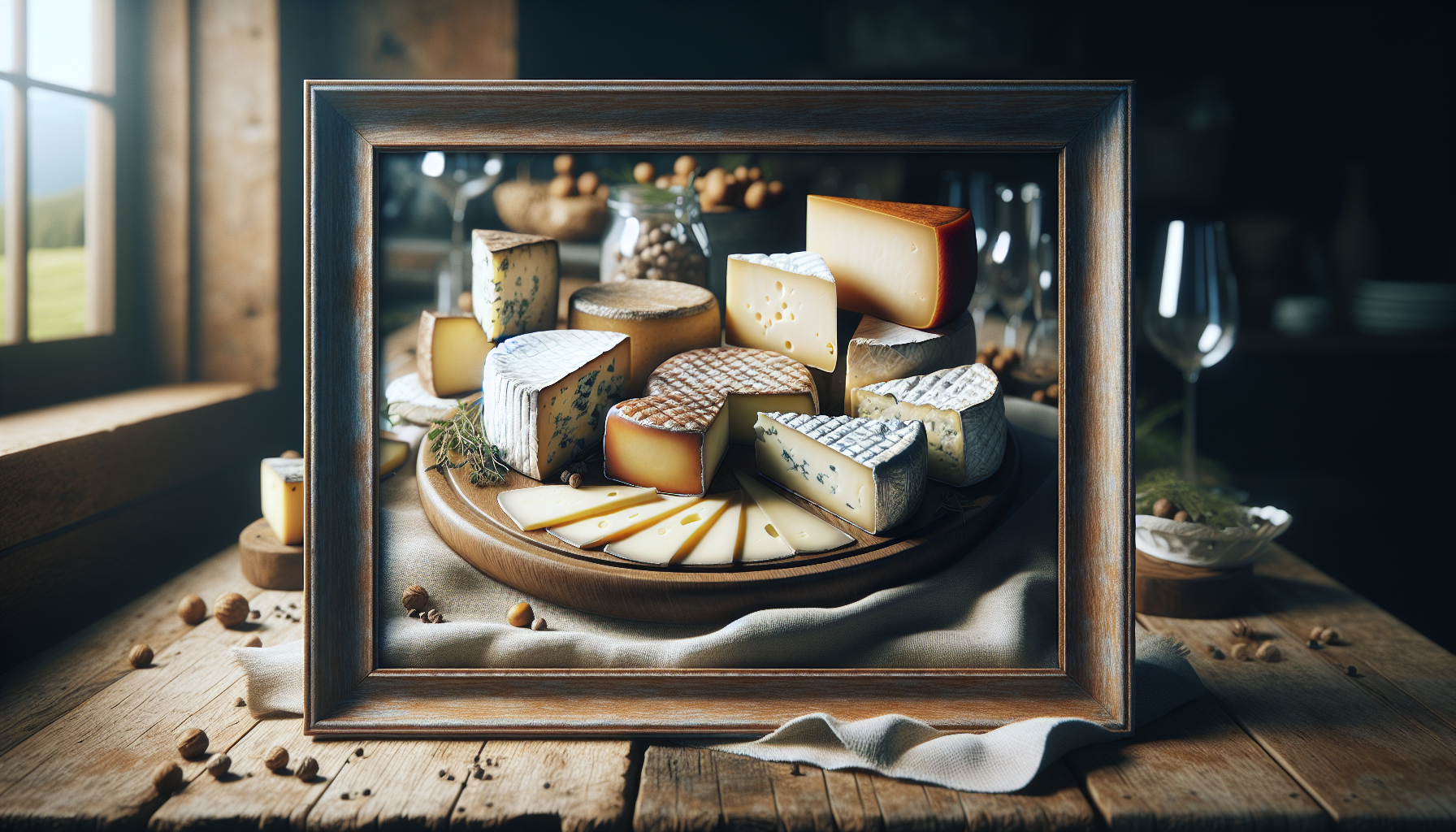 Beautifully arranged cheese board with various cheeses