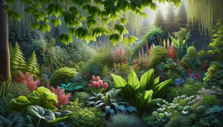 Vibrant spring garden with blooming flowers and plants