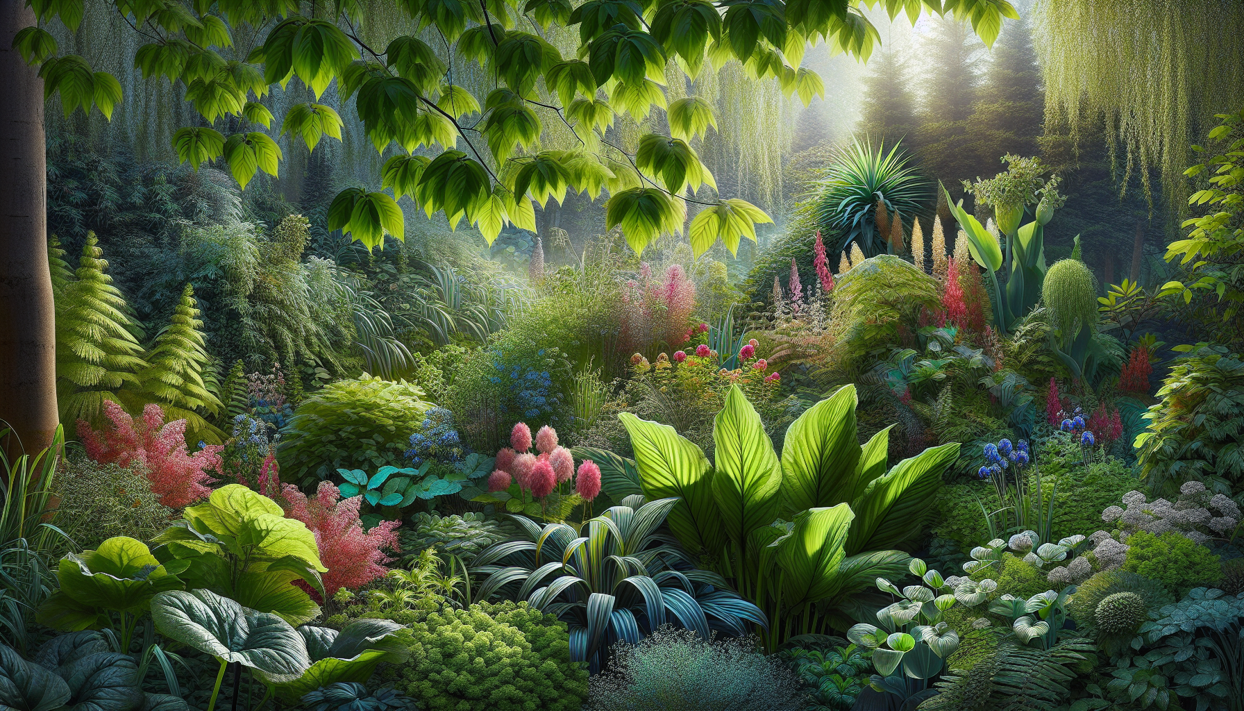 Vibrant spring garden with blooming flowers and plants