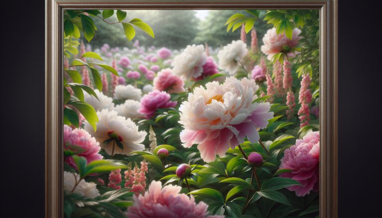 Vibrant peonies blooming in a lush garden setting