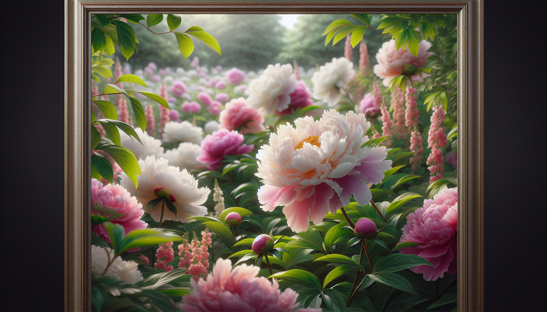 Vibrant peonies blooming in a lush garden setting