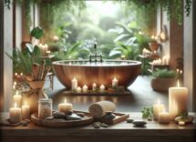 Relaxing home spa setup with candles and plants