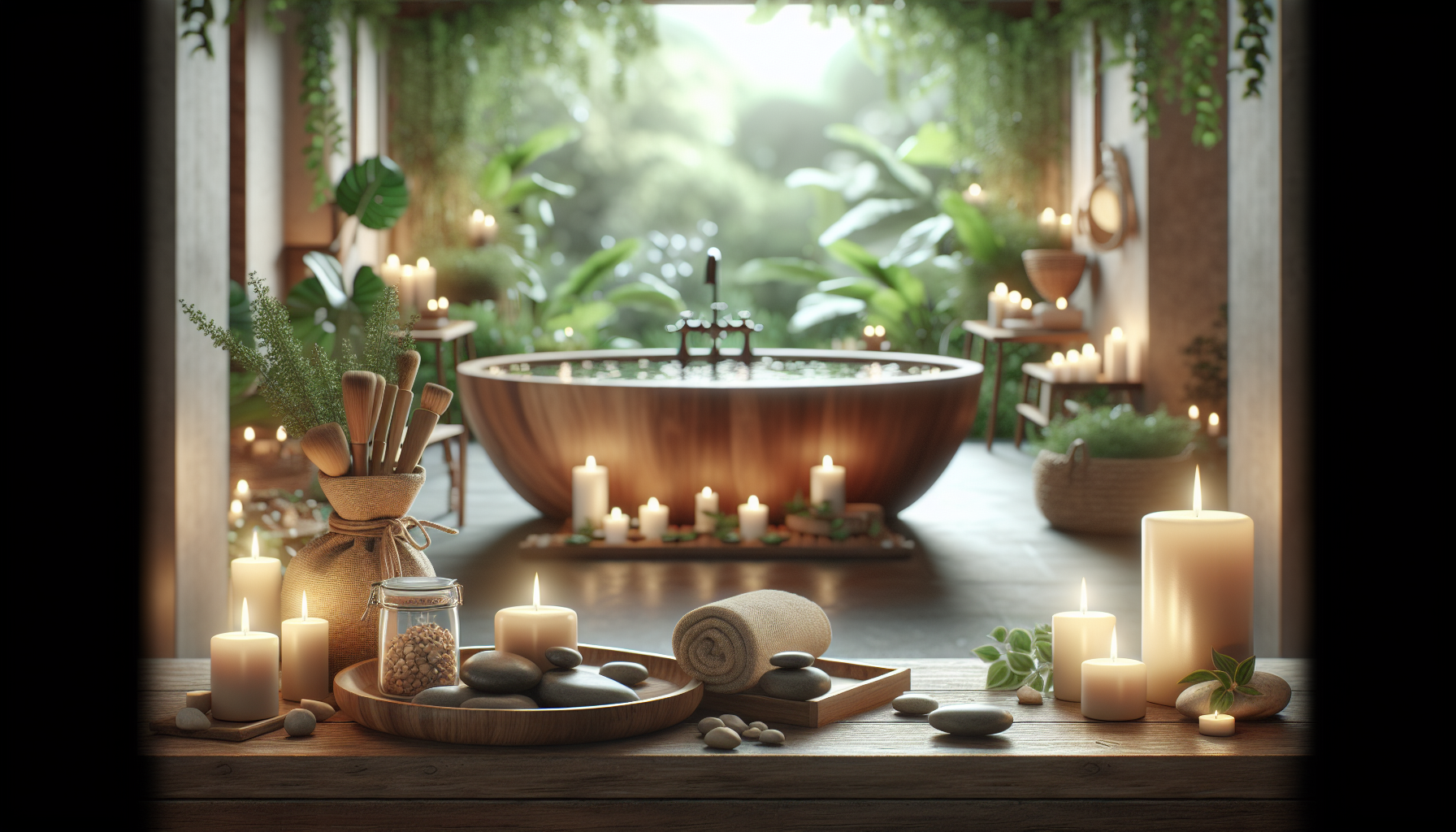 Relaxing home spa setup with candles and plants