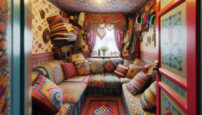 Colorful maximalist decor in a cozy small living room