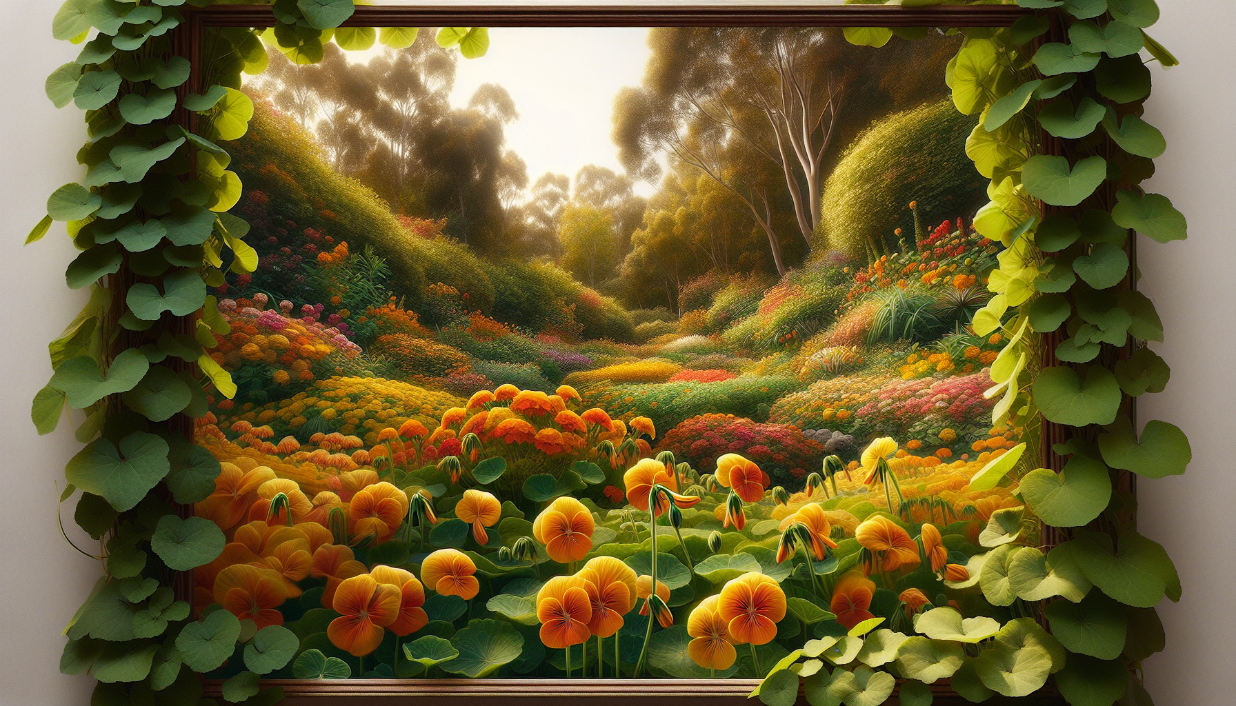 Nasturtiums blooming in a vibrant garden setting