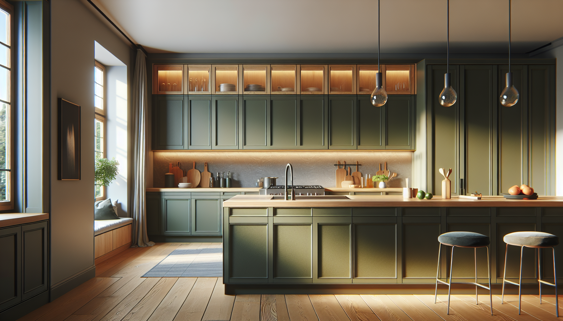 Modern kitchen featuring olive green decor and accents