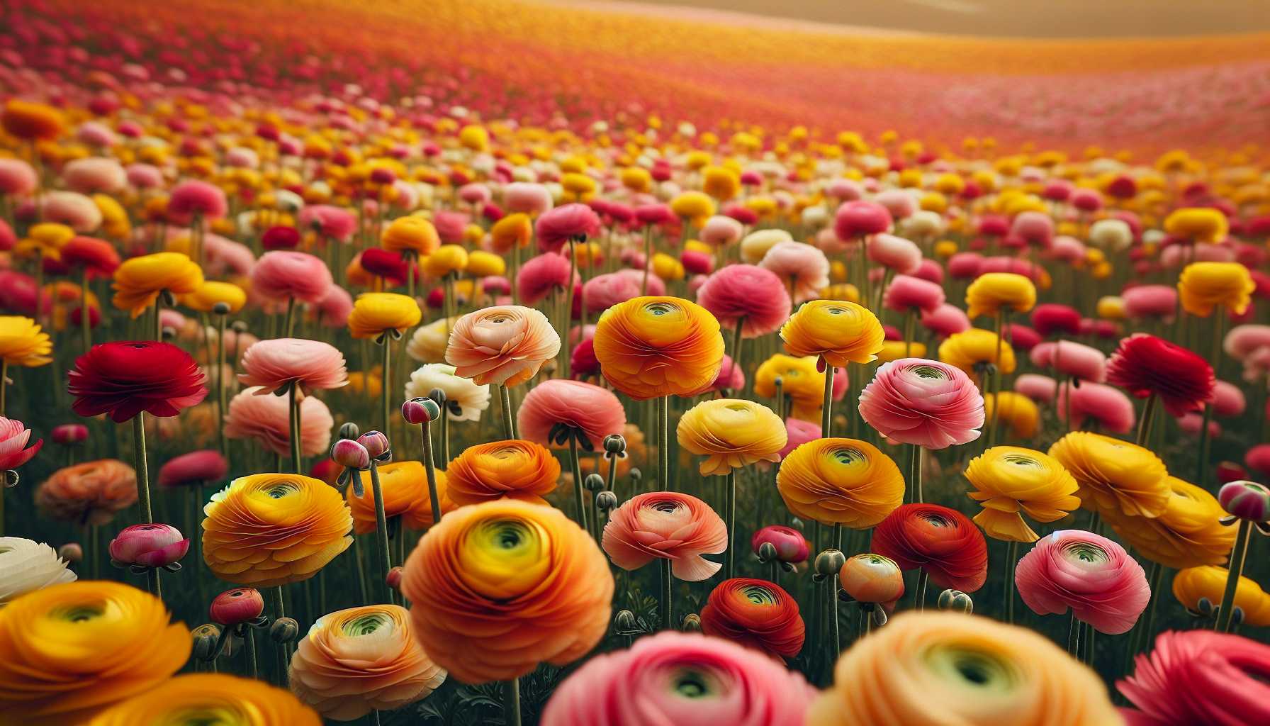 Colorful ranunculus flowers blooming in spring garden