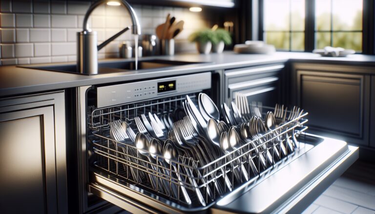Silverware arranged in a dishwasher with forks and spoons