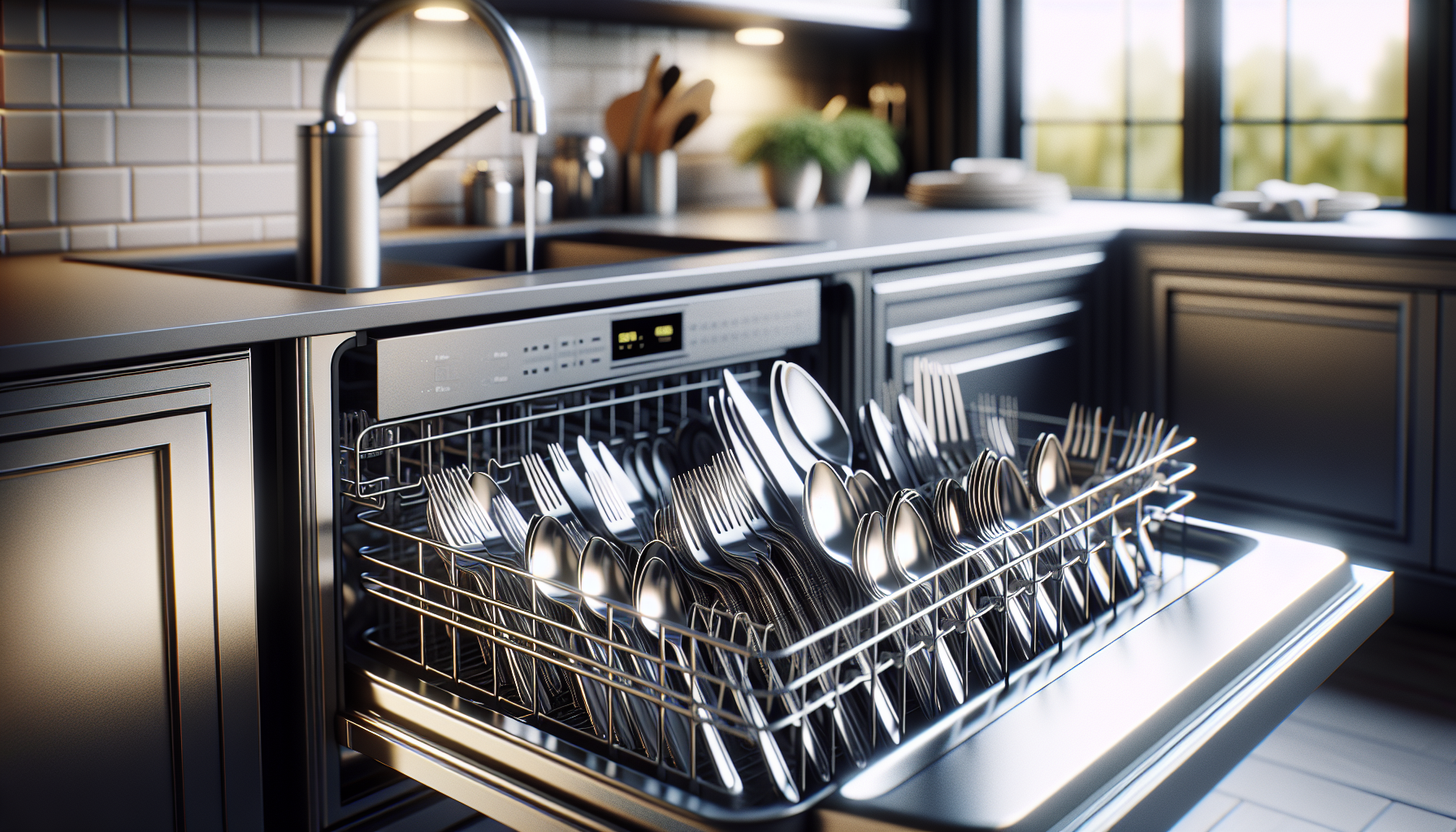 Silverware arranged in a dishwasher with forks and spoons