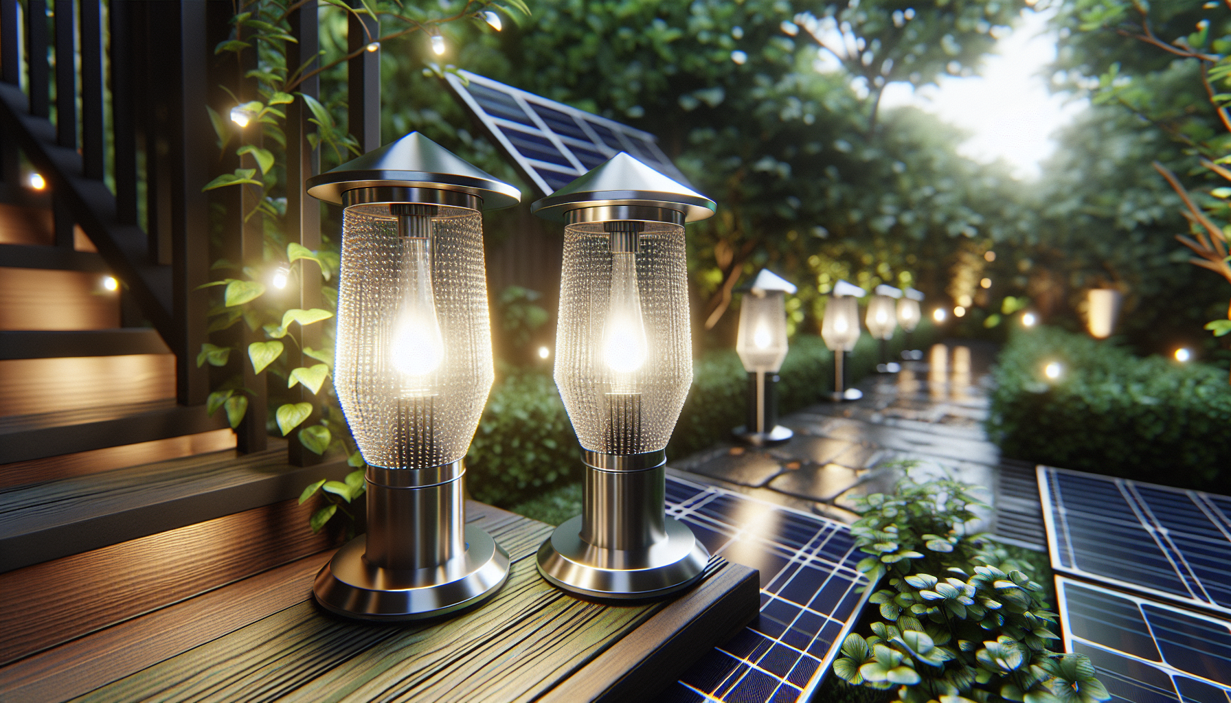 Illuminated garden with solar-powered lights