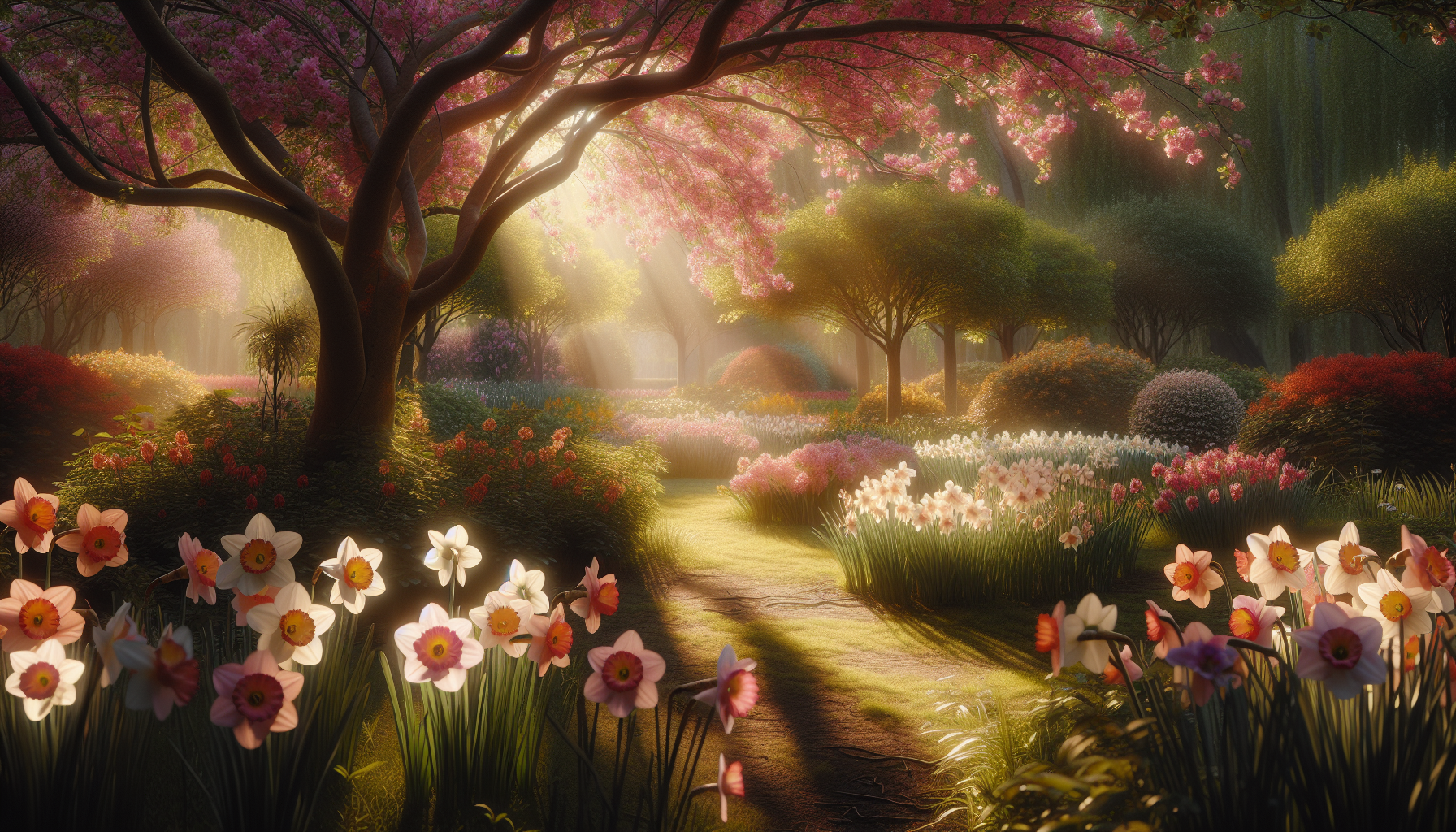 Beautiful pink daffodils blooming in a garden