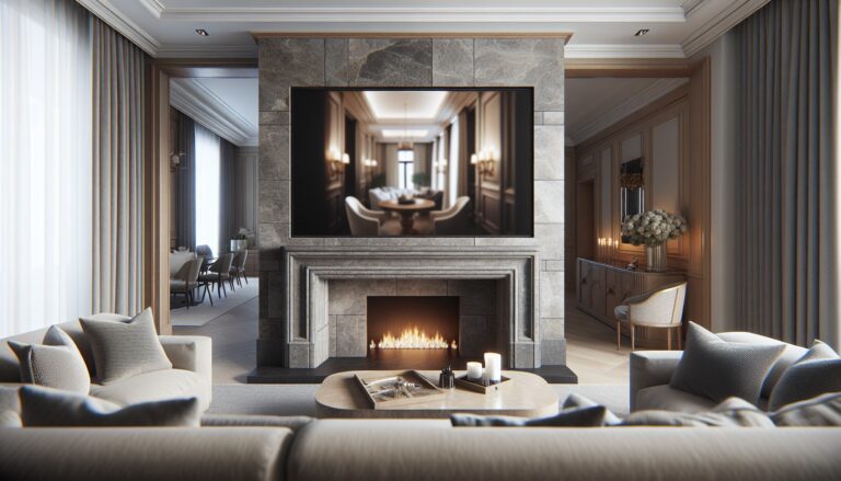 TV mounted above a fireplace mantel in a stylish living room