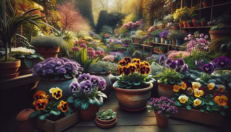 Colorful unique plants in a spring container garden