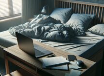 Person working on a laptop from bed, illustrating remote work