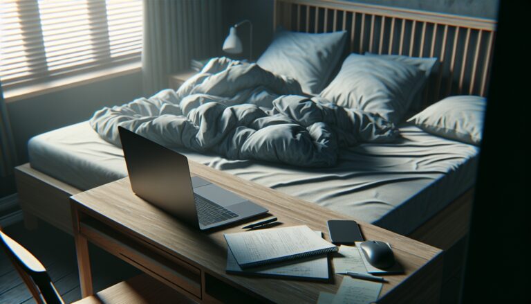 Person working on a laptop from bed, illustrating remote work