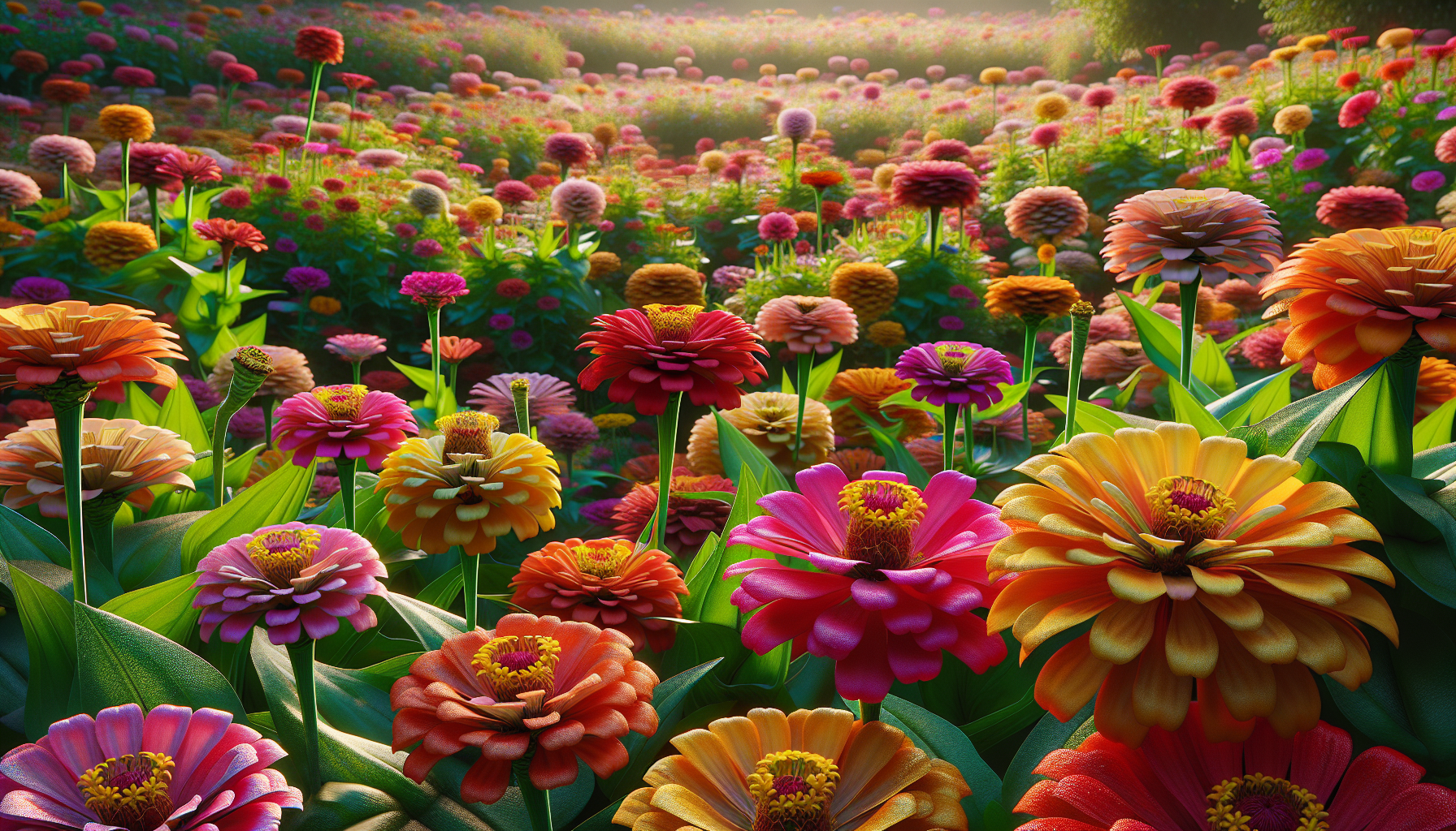 Colorful zinnias in a companion planting garden