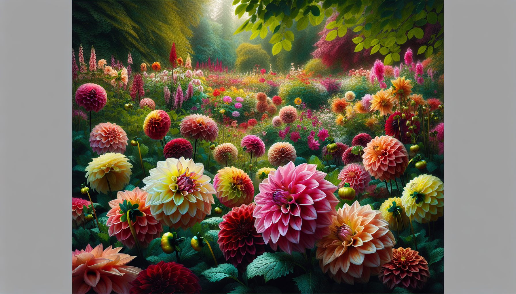 Colorful dahlias with companion plants in a garden