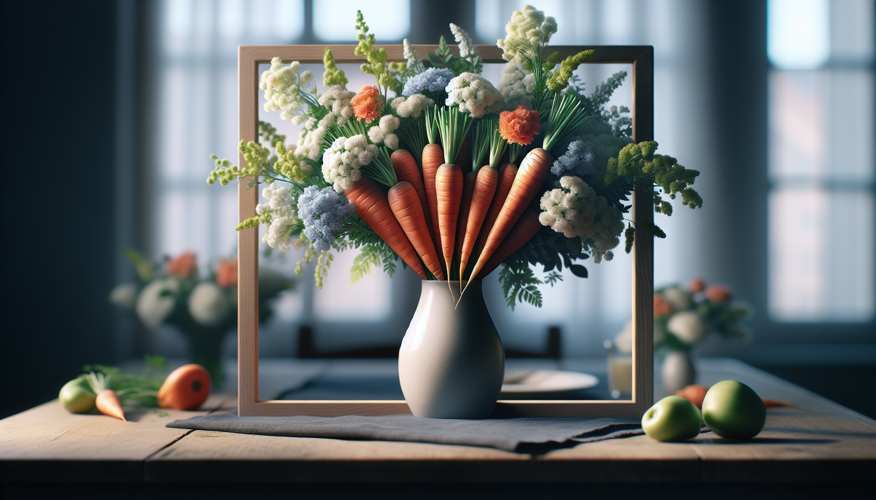 Colorful spring centerpiece featuring vegetables and flowers