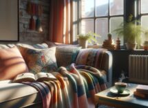 Colorful old blankets repurposed into home decor