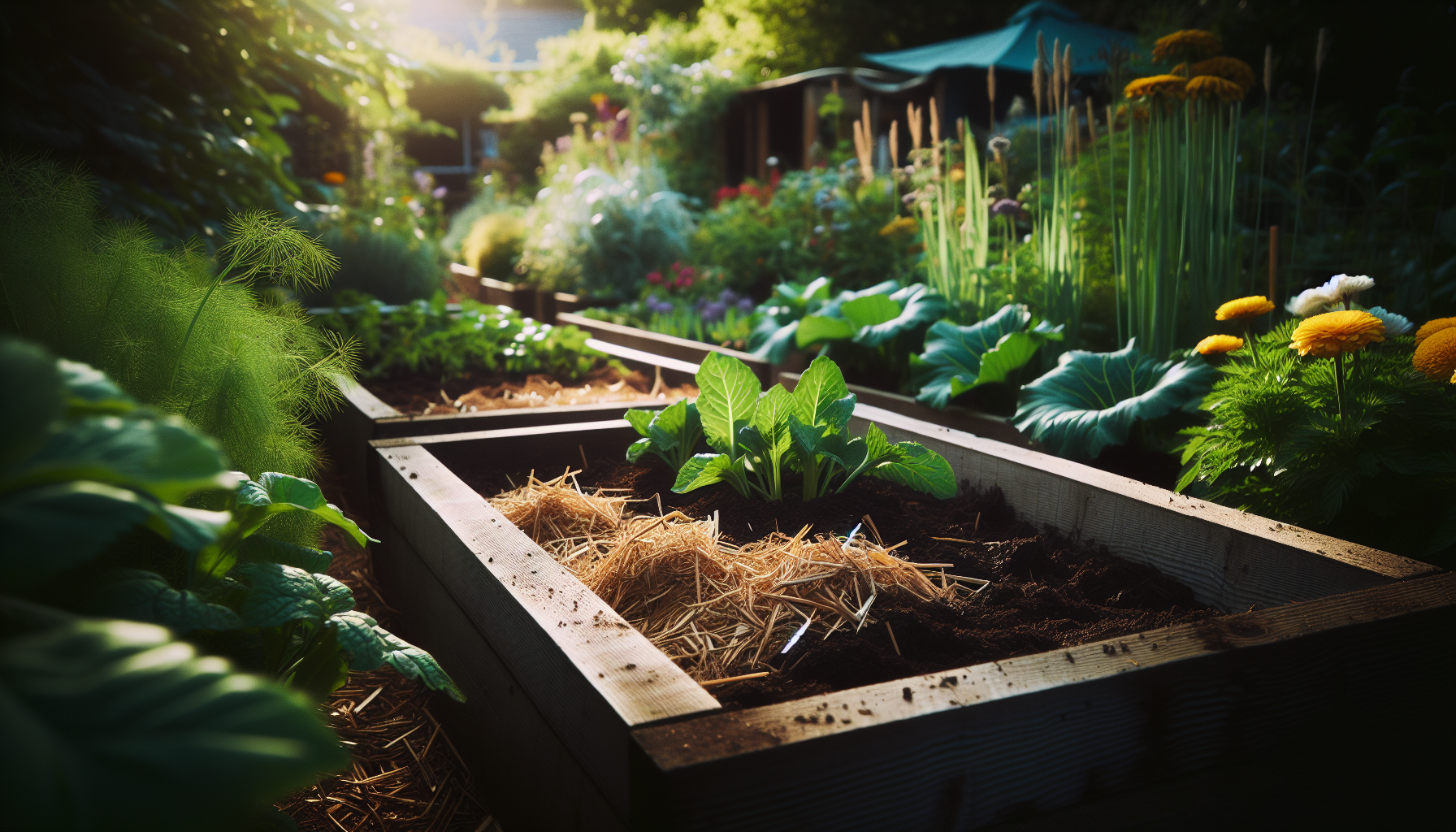 Raised garden bed filled with soil and compost