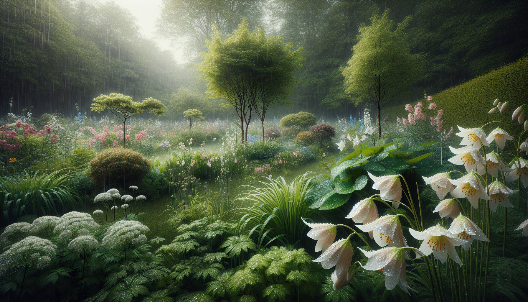 Spring rain nourishing a vibrant garden
