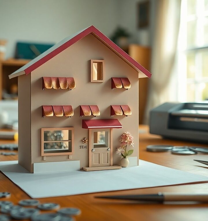 Layered house card tutorial with Everyday City dies and foiling